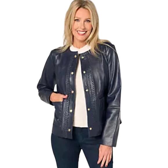 Susan Graver Jackets & Blazers - QVC Susan Graver Genuine Leather Jacket w/ Braided Trim NWOT NAVY SIZE 12